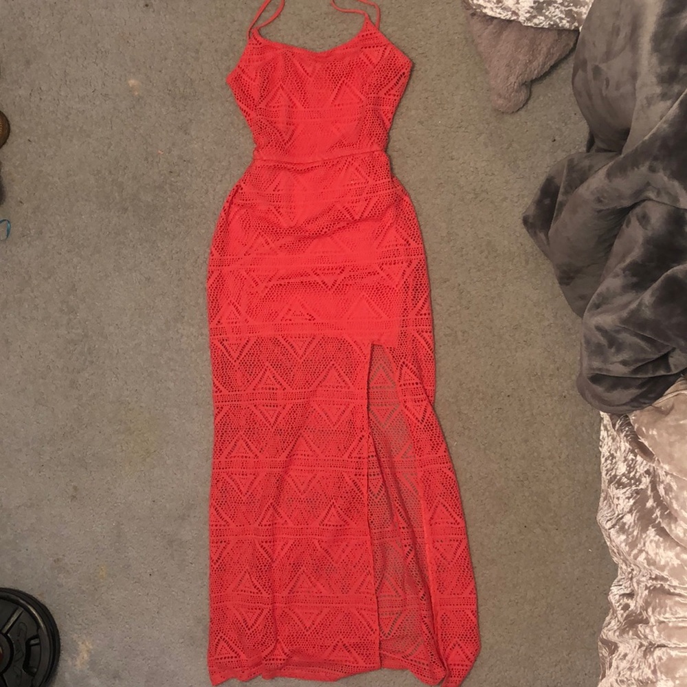 Lace spaghetti strap maxi dress with slit